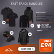 Fast Track Bundles offer with black clothing items and Aspian logo on a gray background