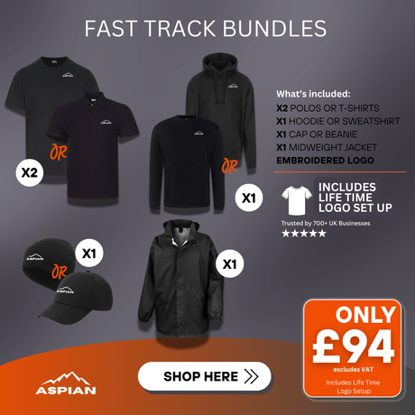 Fast Track Bundles offer with black clothing items and Aspian logo on a gray background