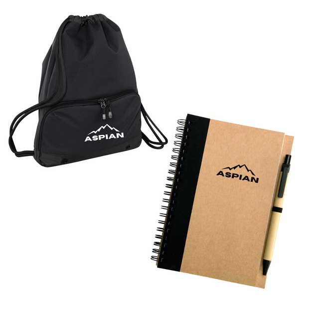 Pack of 5 Custom Embroidered Athleisure Gymsac & Eco-friendly - Laser Engraved Bottles & Screen Printed Notebook Sets
