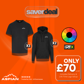 Black t-shirt and hoodie set with Aspian branding on an orange background, featuring Saverdeal offer.