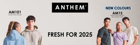 Promotional banner for Anthem clothing with models wearing outfits and text about new colors and 2025 collection.